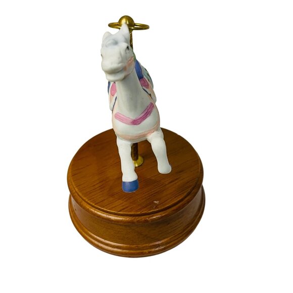 Vintage Ceramic Carousel Horse Figurine On Wooden Base 5 1/2" Music Box  Up e Po - Picture 9 of 10